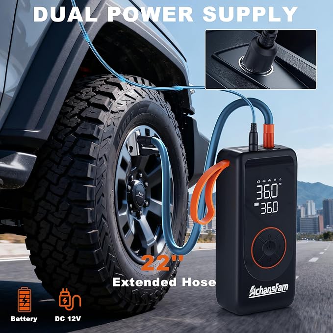 P9 Pro Tire Inflator Portable Air Compressor-Air Pump for Car Tires with Digital Pressure Gauge, Dual Power and Auto Shut-Off, 22IN Hose, Cordless Pump for Car, Motorcycle, Bicycle, Balls