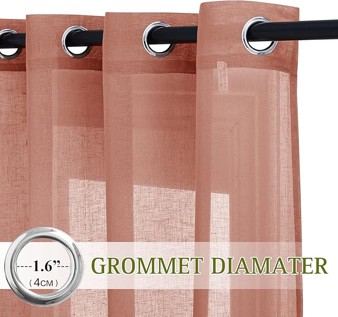 NICETOWN Linen Semi Sheer Curtains for French Door, Grommet Rustic Farmhouse Linen Curtains & Drapes Privacy with Light Through for Bedroom/Home Office, Burnt Orange, W70 x L96, 1 Pair