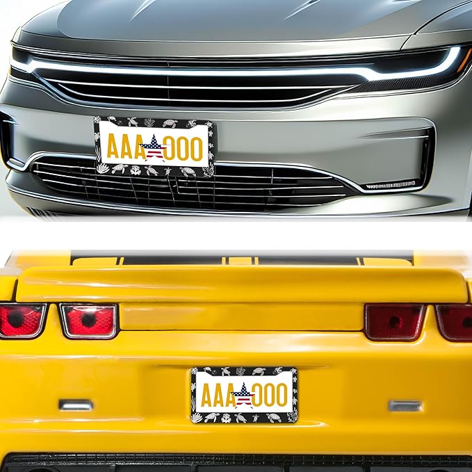 Automotive Exterior Accessories Black and White License Plate Frames Turtle Aluminum Metal Car Accessory 2 Pack with Screw Covers Set