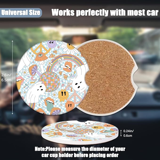 Funny Ghost Car Cup Holder Coaster -Halloween Absorbent Ceramic Coaster, Car Coasters for Cup Holders, Auto Accessories for Women & Men, Pack of 2