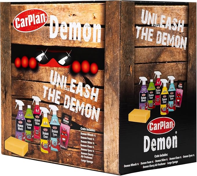 CarPlan Demon Car Wash Kit - 7 Piece Set Includes Car Wash Soap, Wheel Cleaner, Tire Shine, Interior Cleaner, Demon Shine, Air Freshener & Sponge