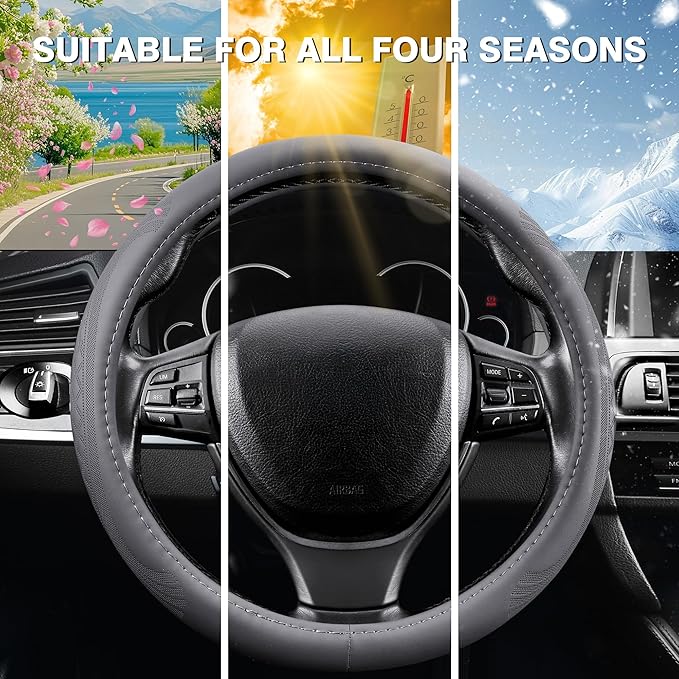 【2025 Model】 Premium Nappa Leather Car Steering Wheel Cover for Men Women, Non-Slip, Breathable, Universal 15 inches Steering Wheels, Grey