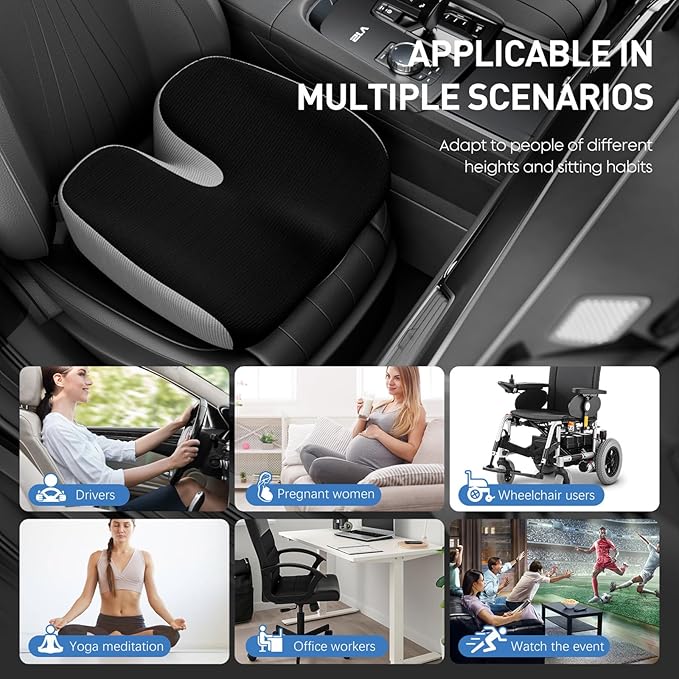 Adult Car Booster Seat Cushion, Memory Foam Wedge Car Seat Cushions for Short People Driving, Portable Driver Seat Cushion to Raise Height 3in for Car Truck Home Office Chair, Black