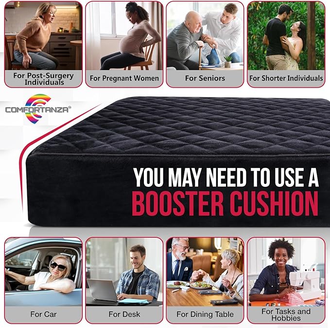 Booster Cushion for Adults - 18x18x5 Extra-Firm Seat Cushion for Home, Office, Wheelchair & Car - Washable Velvety Cover with Waterproof Layer & Non-Slip Base - Back Pain Relief - Beige