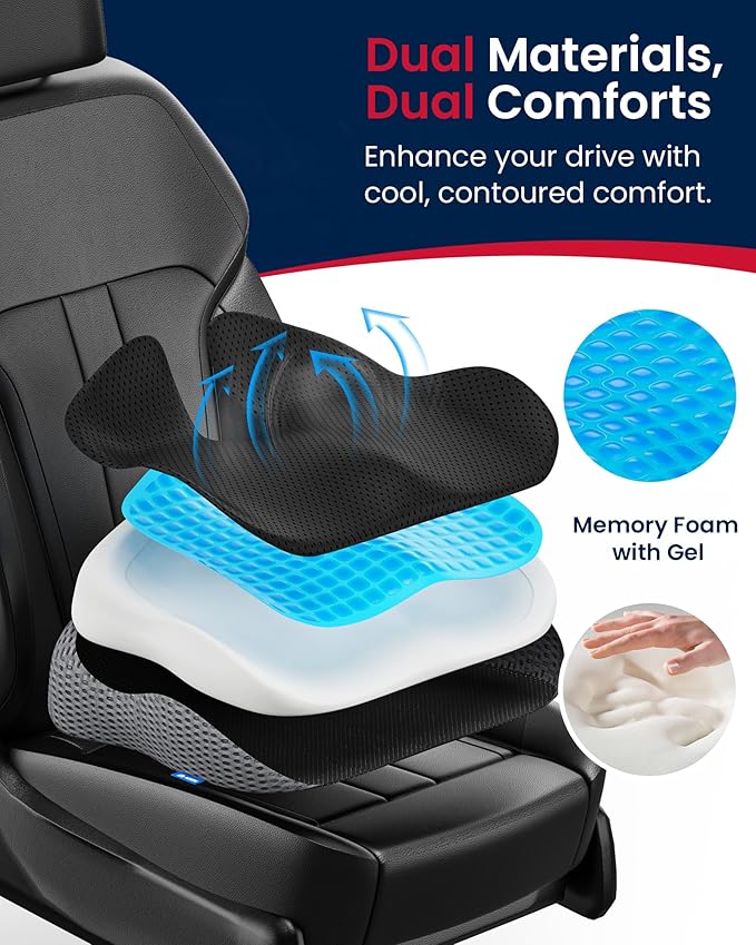 Gel Wedge Car Seat Cushion for Driving Relieves Tailbone Pain, Composite Gel Memory Foam for Cool & Support Comfort, Ergonomic Car Seat Pillow, Elevated Back for Wider Vision, Anti-Slip Design