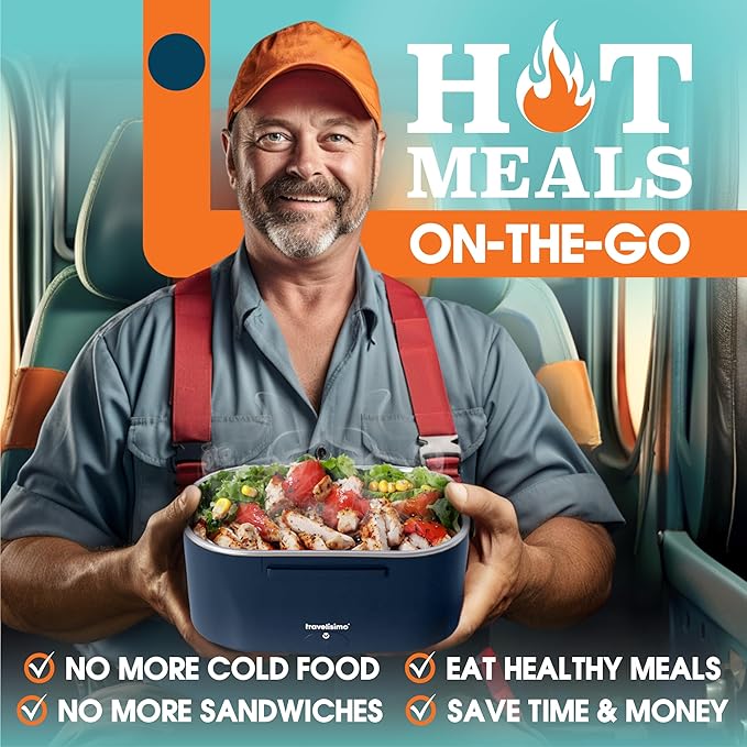 TRAVELISIMO Electric Lunch Box for Adults, 80W Heated Lunch Box 1.5L Stainless Steel Portable Food Warmer, 12/24/110V Lonchera Electrica Portatil for Travel & Work, Loncheras para Hombres de Trabajo