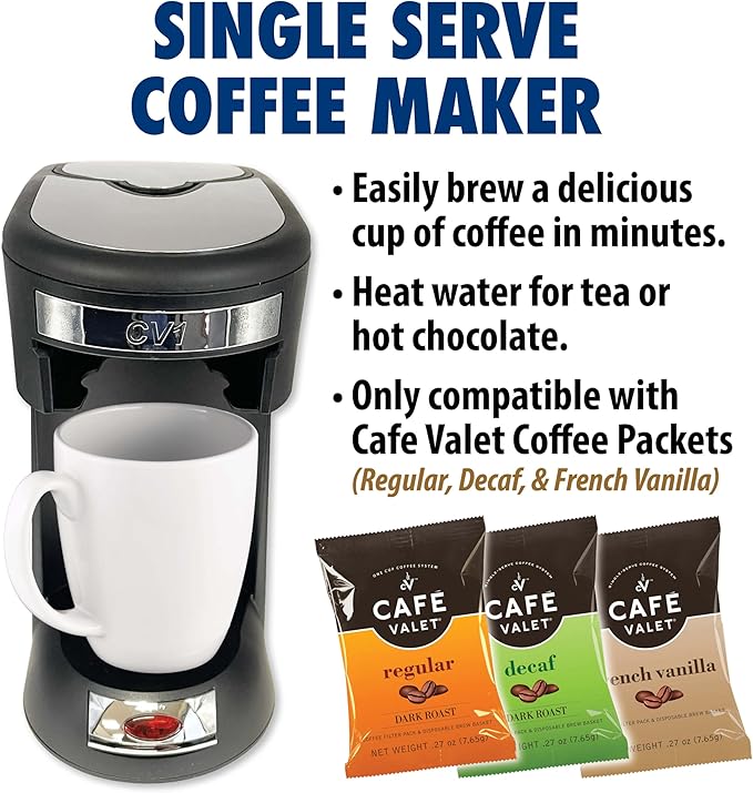 Café Valet Single Serve Coffee Maker, Brews 10 Ounces of Coffee or Hot Water, Compatible Coffee Packs