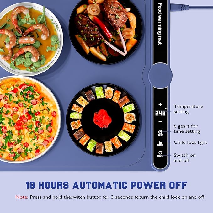 Smart Warming Mat for Food, Upgrade Waterproof Foldable Heating Mat, Food Warming Mat with 9 Level Adjustable Temperature and 6-Speed Timing, Easy to Clean Food Warmers for Buffet,Party,Thawin (Blue)
