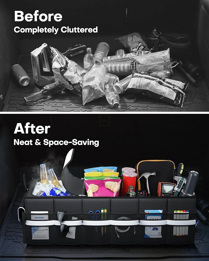HOTOR Trunk Organizer - Car Organizer with Built-In Leakproof Car Cooler, Collapsible Trunk Organizer with Cooler for SUV, Sedan, with Base Panel (3 Compartments, Black),31.9"×12.6"×10.6"