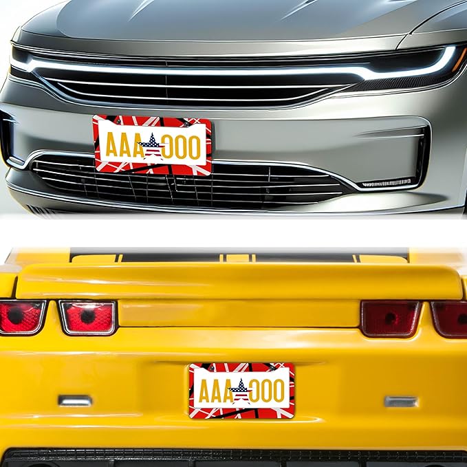 Automotive Exterior Accessories Red, Black, White License Plate Frames Rock Guitarist Red Black White Stripes Aluminum Metal Car Accessory 2 Pack with Screw Covers Set