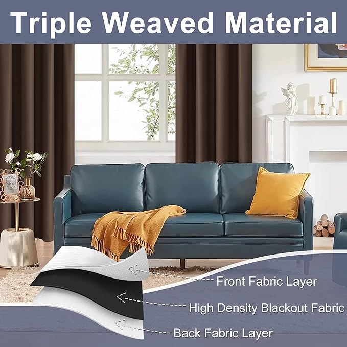 JIUZHEN Blackout Curtains for Bedroom - Thermal Insulated Room Darkening Noise Reducing, 70 x 84 Inch Length Curtains for Living Room, Set of 2 Panels with Tiebacks, Brown