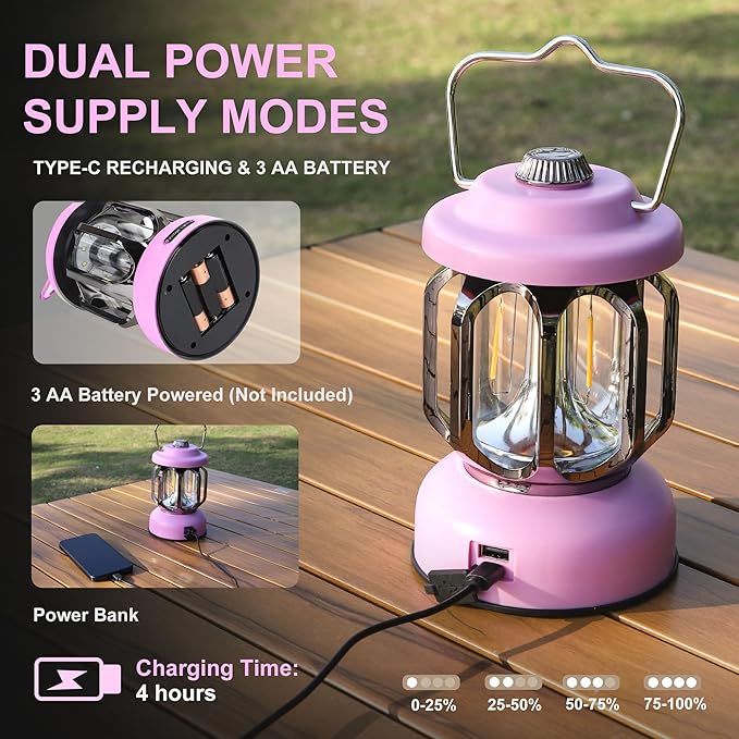 Rechargeable LED Camping Lanterns, Vintage Camping Lights Battery Operated, Portable Retro Metal Glamping Lights for Hiking, Hurricane, Decoration, Power outages, Pink, 2 Pack