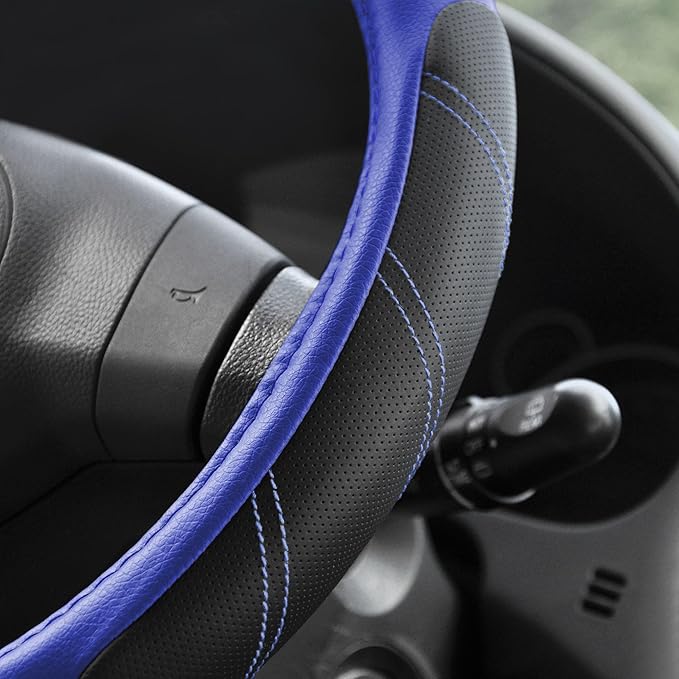 Elantrip Steering Wheel Cover Leather 15 1/2-16 inch Universal Padded Soft Grip Breathable for Car Truck SUV Jeep Anti Slip Blue and Black