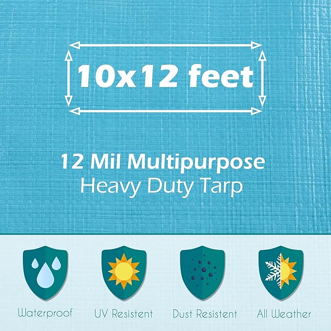 Tarps Heavy Duty Waterproof 10x12-12 mil Thick Camping Tent - Blue Tarp 10x12 UV Resistant, Rip & Tear Proof with Metal Grommets – Multipurpose Use for Camping, Tent, Boat, RV, Car, & Pool Cover