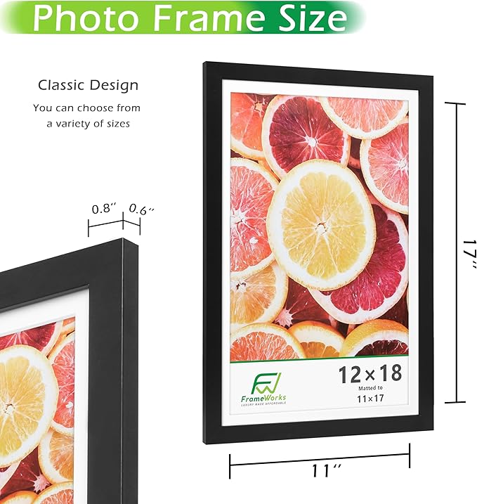 FrameWorks 2-Pack, 12x18 Matted to 11x17 Picture Frame, Black – Classic Wooden Photo Frame with Tempered Glass, Modern Matte Finish for Prints, Posters, Certificates & Wall Decor – Gallery-Ready
