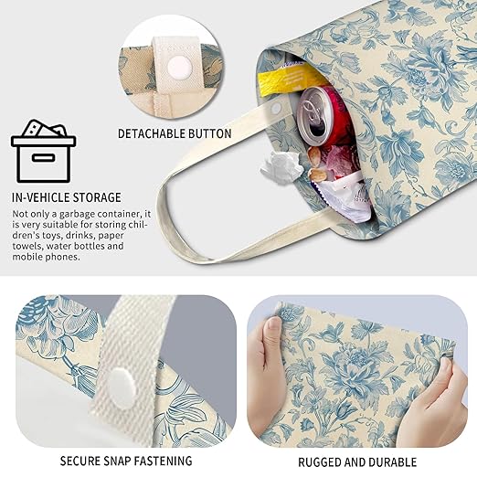Cute Car Trash Can, Hanging Canvas Car Back Seat Organizer and Storage Bag, Funny Car Trash Bag For Travelling, Outdoor Watercolor Blue Flower