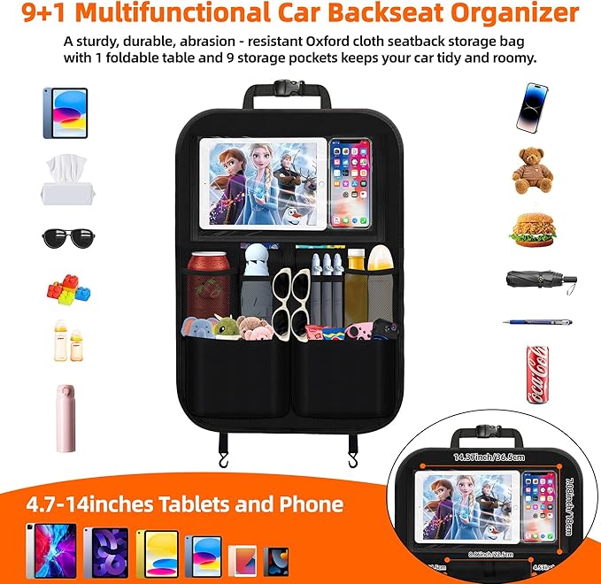 2 Pc Car Backseat Organizer with Foldable Food Tray,11+2 Storage Pockets with Tablet Holder &Cup Holder,Waterproof Kick Mats Backseat Protector Multipurpose Car Organizers Road Trip Essentials Gifts