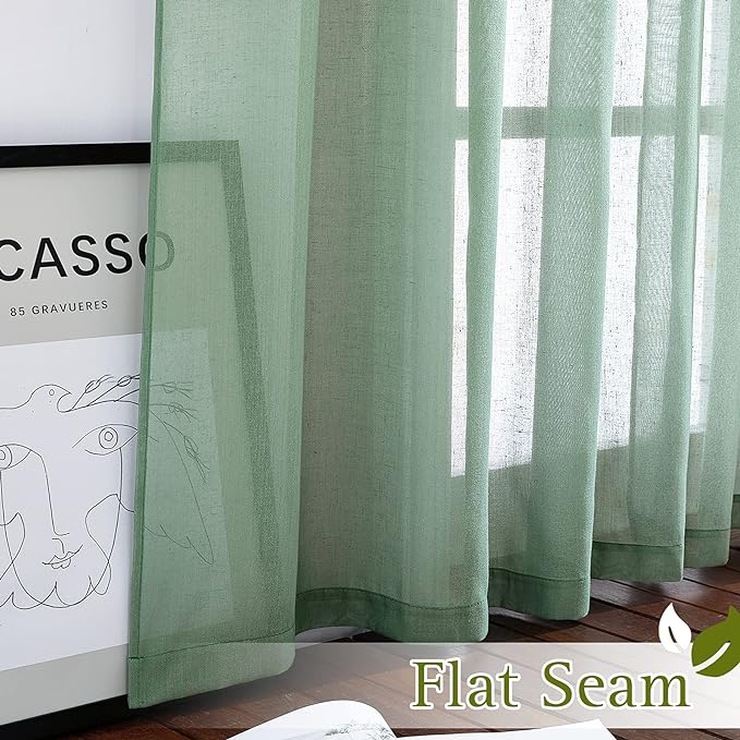 NICETOWN Linen Curtains Flax Sheer Texture for Living Room, Grommet Semi Sheer Vertical Drapes Privacy with Light Filtering for Bedroom/Patio Door, W70 x L96, Olive Green, 1 Pair