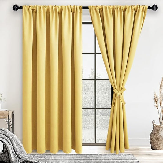 JIUZHEN Blackout Curtains for Bedroom - 60 Inch Extra Wide Thermal Insulated Room Darkening Privacy Soundproof Curtains for Living Room/Dorm Room, Set of 2 Panels, 60 x 72 inches,Light Yellow