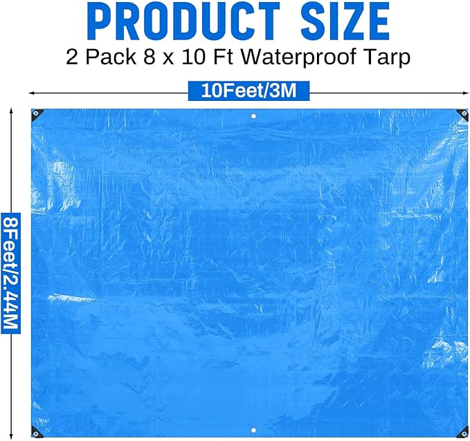 2 Pack 8 x 10 ft 5.5 Mil Large Tarps Heavy Duty Waterproof Tarp Multi Purpose Tent Cover for Home Boats Cars Camping Patio Furniture Roof Emergency Rain Protective Cover, Blue
