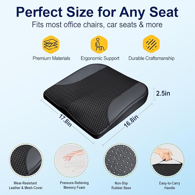 kingphenix Car Seat Cushion – Memory Foam Pad for Driving Comfort – Boosts Height and Relieves Coccyx & Lower Back Pain – Car, Truck, Office Chair (Black)