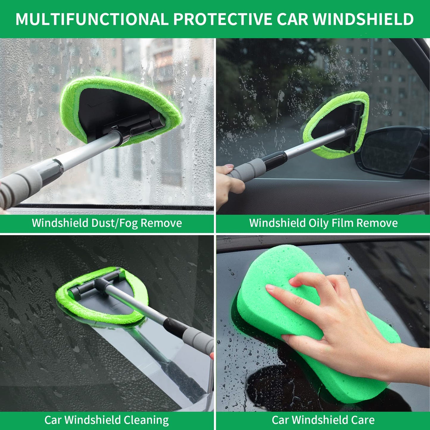 XINDELL Windshield Cleaner Tool – Car Interior Window Cleaning Kit with Extendable Handle & 4 Microfiber Pads, Auto Washing Brush for Car, Trucks, SUVs, RVs & Home Windows