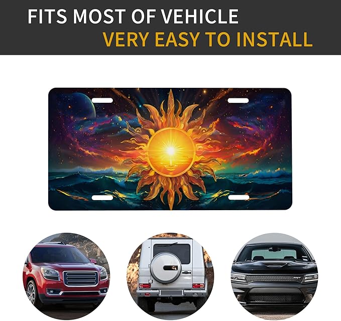 Front License Plate Sun Mystic Vanity Plates Aluminum Metal Decorative Car Tag Wave Novelty License Plate Cover for Men Women 6 * 12 in (4 Holes)