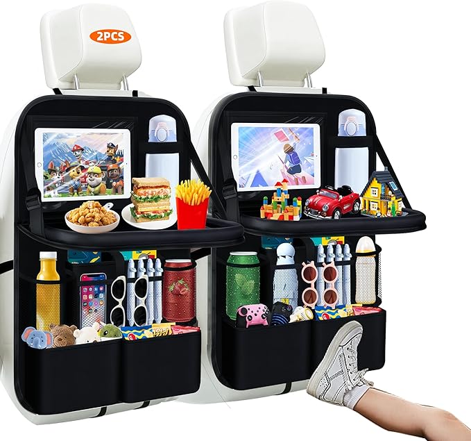2 Pc Car Backseat Organizer with Foldable Food Tray,11+2 Storage Pockets with Tablet Holder &Cup Holder,Waterproof Kick Mats Backseat Protector Multipurpose Car Organizers Road Trip Essentials Gifts