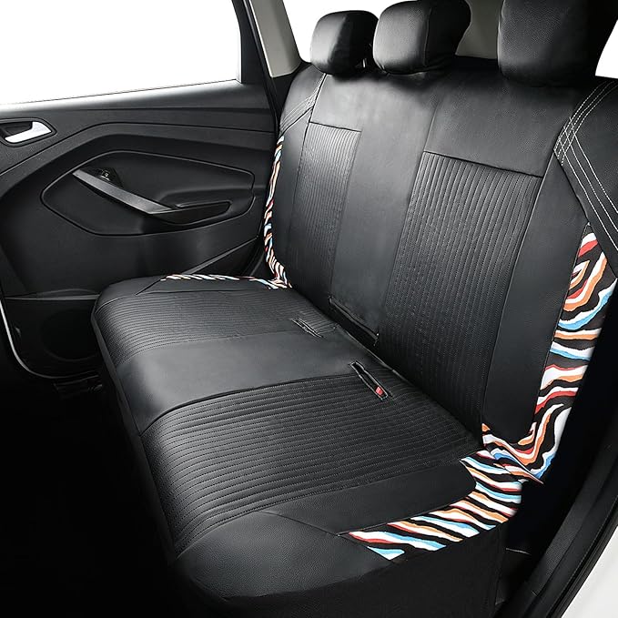 Flying Banner Synthetic Leather car seat Covers Full Set Front and Rear Bench Fashion Easy Installation Cup Holder Free (Black & Colorful Zebra Print, Low Bucket - Full Set)
