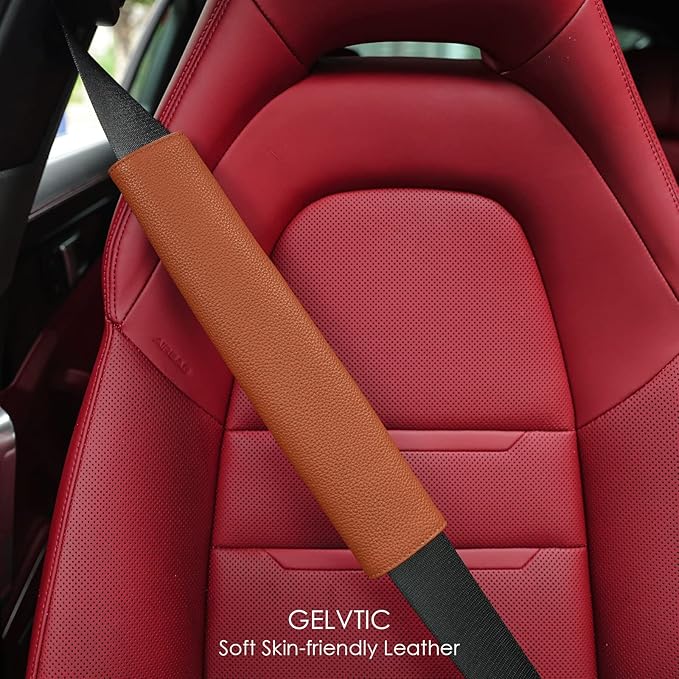 Car Seat Belt Covers for Adults Soft Leather Seatbelt Shoulder Pad Neck Cushion Protector Comfortable Driving Car Accessories Truck SUV Airplane Backpack (SC01Brown-12.4in-1Pack)