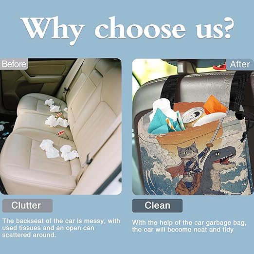 Funny Cat Rides Dinosaur Car Trash Bag,Cowboy Cat on Sea Wave Hanging Drawstring Car Garbage Bag,Canvas Car Back Seat Organizer with Adjustable Buckle for Men and Women