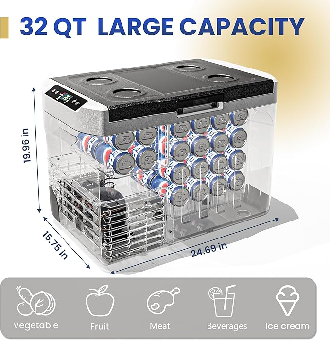 EUHOMY 12 Volt Refrigerator, 32QT(30L) 12V Cooler, Compressor Electric Cooler -4℉~68℉, 12V Fridge 12/24V DC 100-240V AC, Portable Freezer for Camping, Travel, Truck, Home