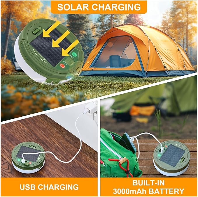 Solar Camping String Lights, Retractable Waterproof 33FT LED Camp Light with 8 Light Modes, Rechargeable 3000mAh Battery Powered Fairy Lights with Remote for Outdoor, Tent, RV, Patio, Awning, Party