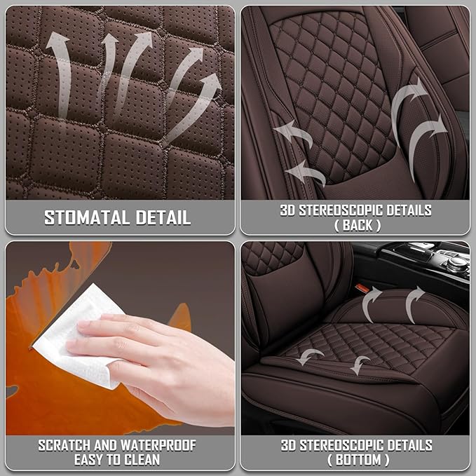 Premium Leather Car Seat Covers, Universal Fit for Cars SUVs Trucks and Sedans, Waterproof Car Seat Cushion with Airbag Compatible & Scratch-Resistant, Brown Seat Covers for 5 Seats
