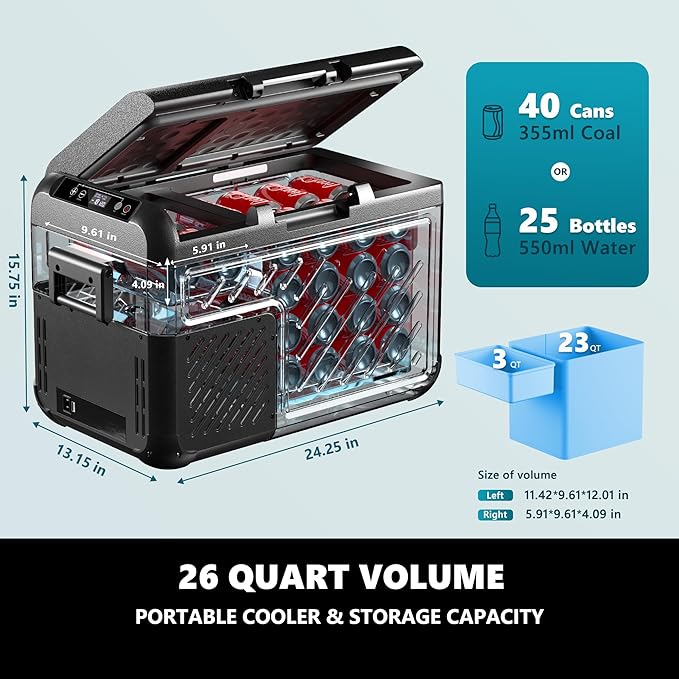 EUHOMY 12 Volt Refrigerator, 26 QT(25 L) Portable Freezer, Electric Cooler -4℉~68℉, 12V Car Fridge Reversible Door, Portable Freezer 12/24V DC & 100-240V AC for Camping, Truck, Travel