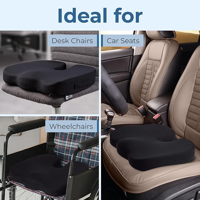 Seat Cushion for Office Chairs - Fits 18"x14" Seats, Tailbone, Coccyx Pain Relief - Butt, Pressure & Sciatica Relief - Gaming, Wheelchair, Car & Desk Pillow, Black