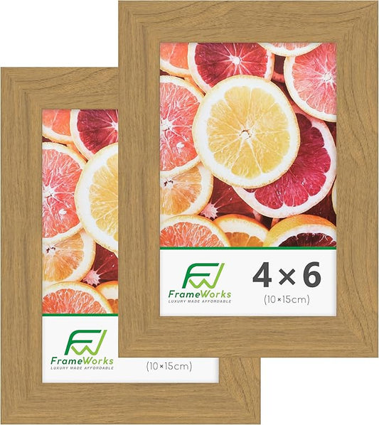 FrameWorks 2-Pack, 4x6 Picture Frame, Golden Oak – Classic Wooden Photo Frame with Tempered Glass, Modern Matte Finish for Prints, Posters, Certificates & Wall Decor – Gallery-Ready
