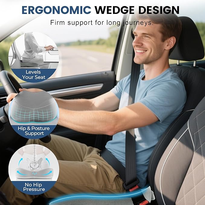 Wedge Seat Cushion for Car Truck Driver Office Chair, Memory Foam Seat Pillow with Non-Slip Bottom & Adjustable Strap for Sciatica Tailbone Pain Relief