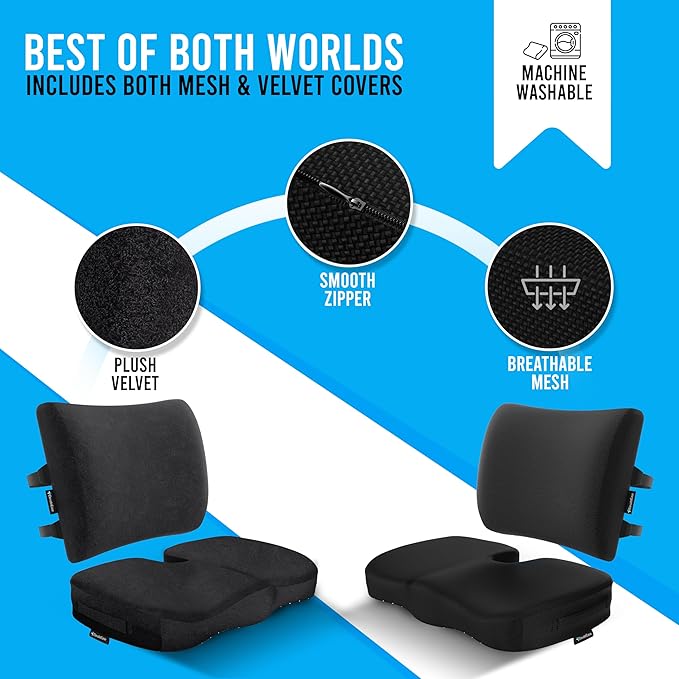 Memory Foam Seat Cushion & Lumbar Support Pillow Set w/Mesh & Velvet Covers - for Office Chair, Car, Plane, Travel - Back Rest Coccyx Pillow for Lower Back, Sciatica, Posture