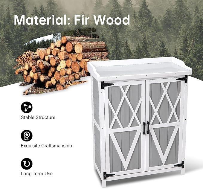 Outdoor Cabinet with Metal Tabletop Garden Potting Bench Table - Outdoor Garden Patio Wooden Storage Cabinet with Adjustable Shelf, Wooden Storage Cabinets, Weatherproof for Garden Patio Lawn