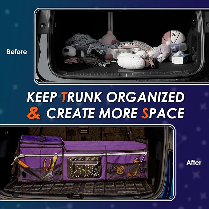 Trunk Organizer | 95L (35"x13.8"x11.8") | 26L Ice Pack Included | Fluorescent Constellation Design | Waterproof, Foldable with Adjustable Straps | for SUVs/Cars - Purple-M004