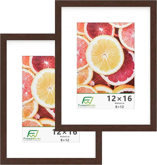 FrameWorks 2-Pack, 12x16 Matted to 8x12 Picture Frame, Mahogany – Classic Wooden Photo Frame with Tempered Glass, Modern Matte Finish for Prints, Posters, Certificates & Wall Decor – Gallery-Ready