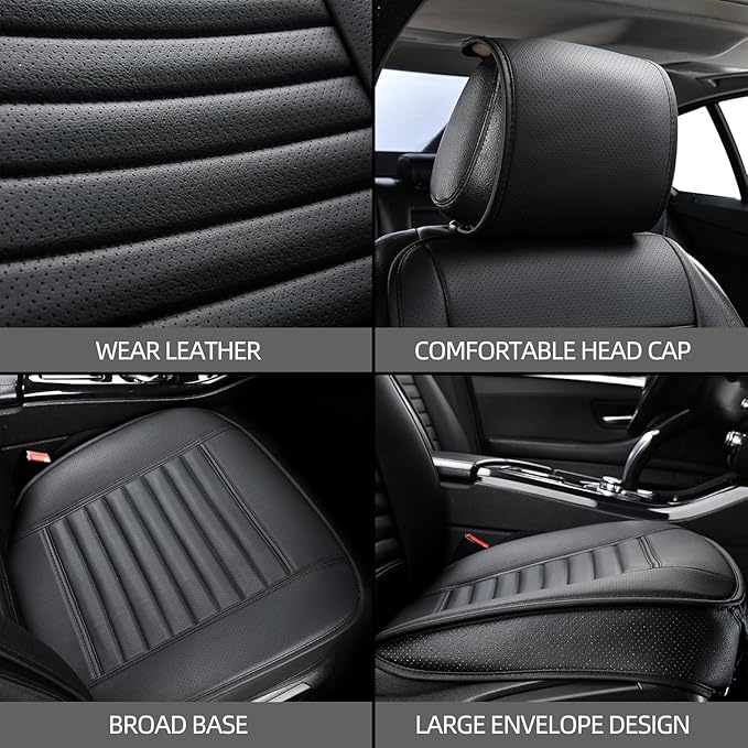 Universal Leather Car Seat Covers Full Set, Car Seat Cushion Covers Protector for Cars SUV Pick-up Truck Van Interior Accessories(Black)