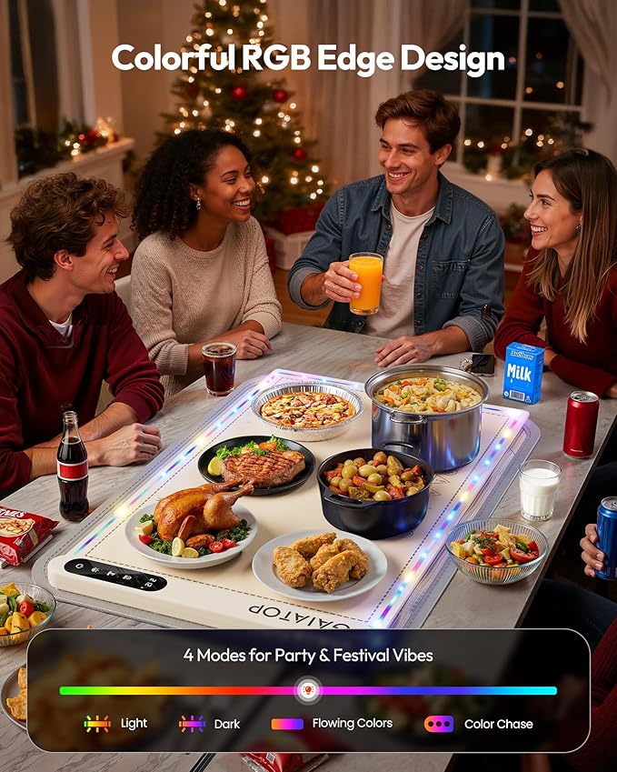 Gaiatop Food Warmers for Parties Buffet with RGB Edge, Electric Warming Mat for Countertop, 6 Temp Level 122℉-212℉, 6 Timer Settings, Full-Surface Fast Heating, Portable Silicone Food Warmer, Cream