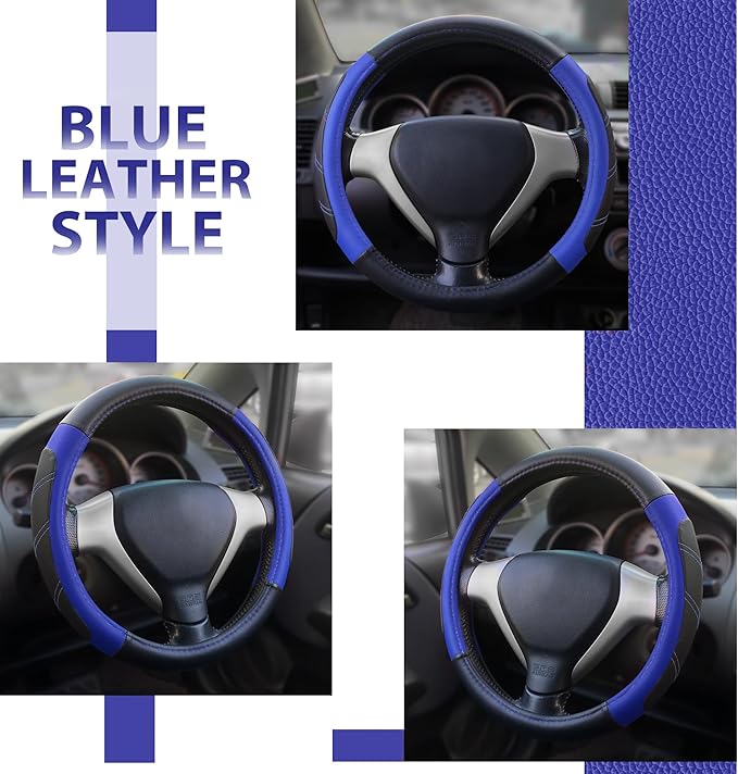 Elantrip Steering Wheel Cover Leather 15 1/2-16 inch Universal Padded Soft Grip Breathable for Car Truck SUV Jeep Anti Slip Blue and Black