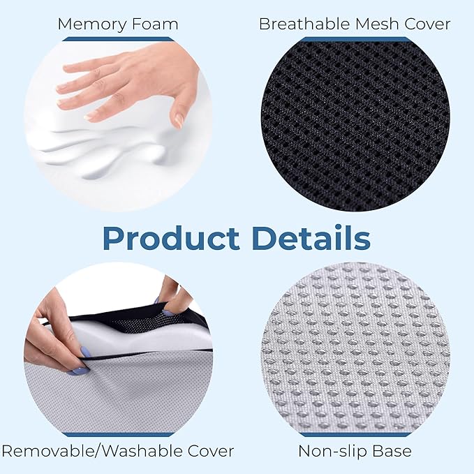Seat Cushion for Office Chairs - Fits 18"x14" Seats, Tailbone, Coccyx Pain Relief - Butt, Pressure & Sciatica Relief - Gaming, Wheelchair, Car & Desk Pillow, Black