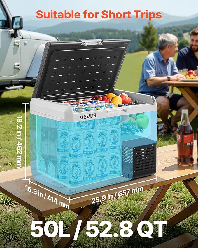 VEVOR 12 Volt Car Refrigerator, 52.8QT/50L Car Fridge, Portable Electric Cooler with -4℉~68℉ Adjustable Temperature, 12/24V DC and 100-240V AC Compressor Freezer for Outdoor, Camping, Travel, RV