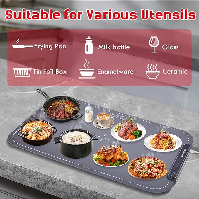 Warming Mat for Food,10s Rapid Warm Food Warming Mat,3-Temp Portable Food Warmer,Fast Heating Auto Shut Off Chafing Dishes For Buffet,Roll Up Food Warmers For Parties Buffet Roll-up Silicone Buckle