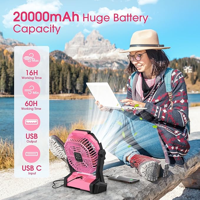 Portable Fan Rechargeable, 20000mAh Cordless Battery Powered Table Fan with LED Lantern, USB C Battery Operated for Camping Tent Office Beach Desk Fishing Travel Home