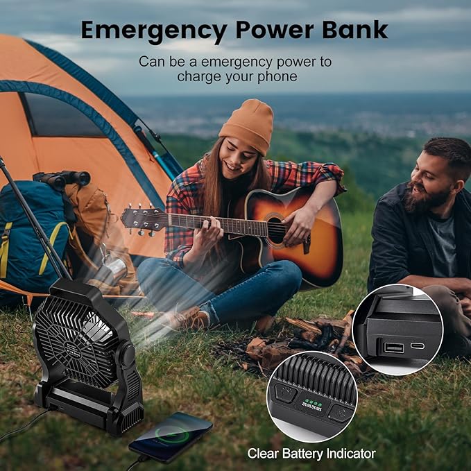 Odoland Rechargeable Camping Fan, 20000mAh Battery Fans with LED Lantern for Tent Car Beach Storm, Portable Light Desk Cooling Fan for Picnic Power Outage Hurricane, Black